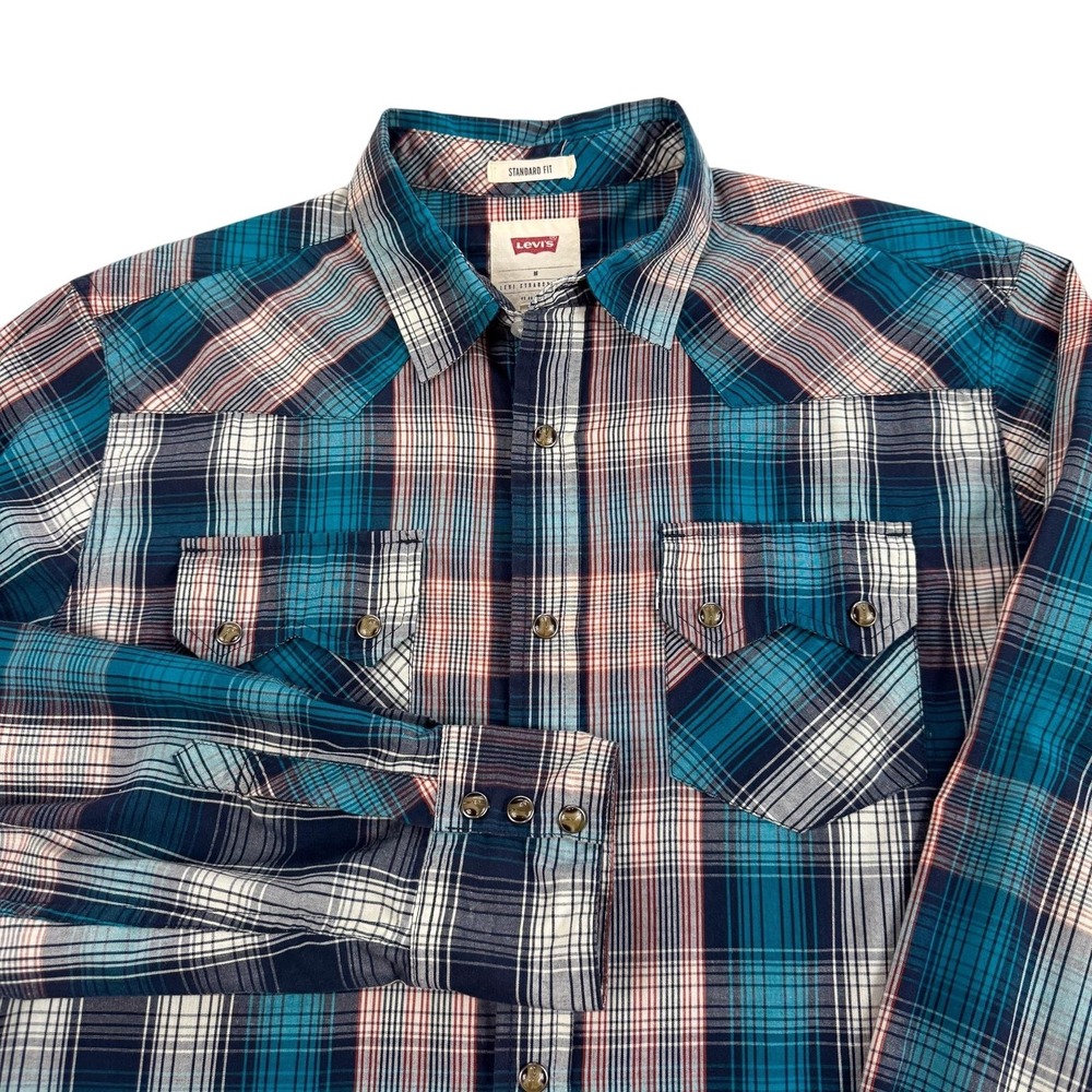 Levis Shirt Mens Medium Multicolor‎ Plaid Western Pearl Snap Standard Fit Casual